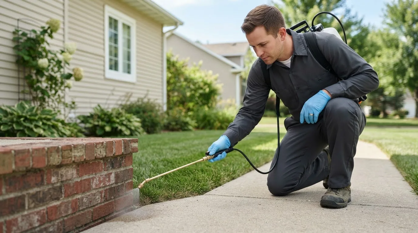 Pest control technician treating a home near Brookfield, MA