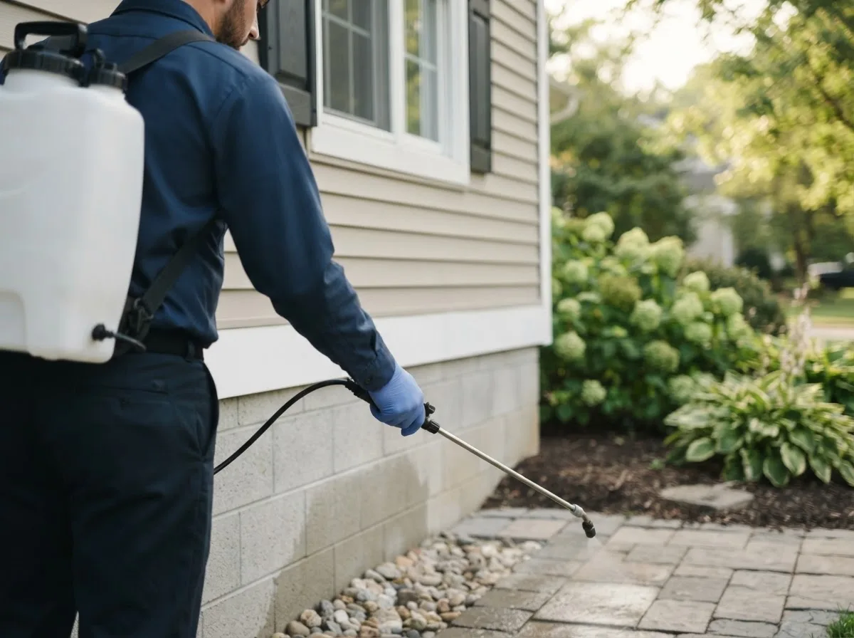 Pest control technician inspecting a home in Brookfield, MA